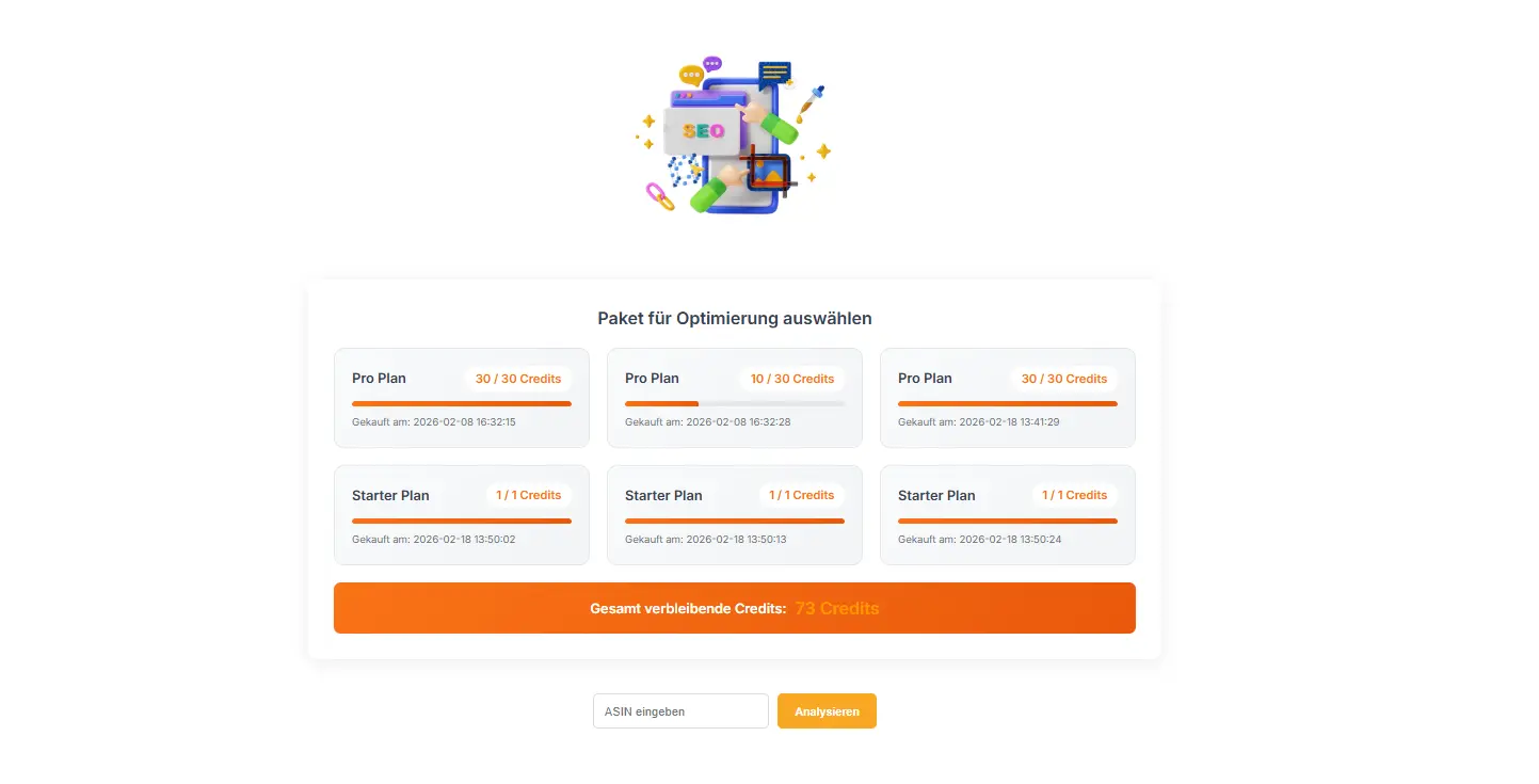 Asinopt: Übersicht Pakete und Credits für Listing-Optimierung